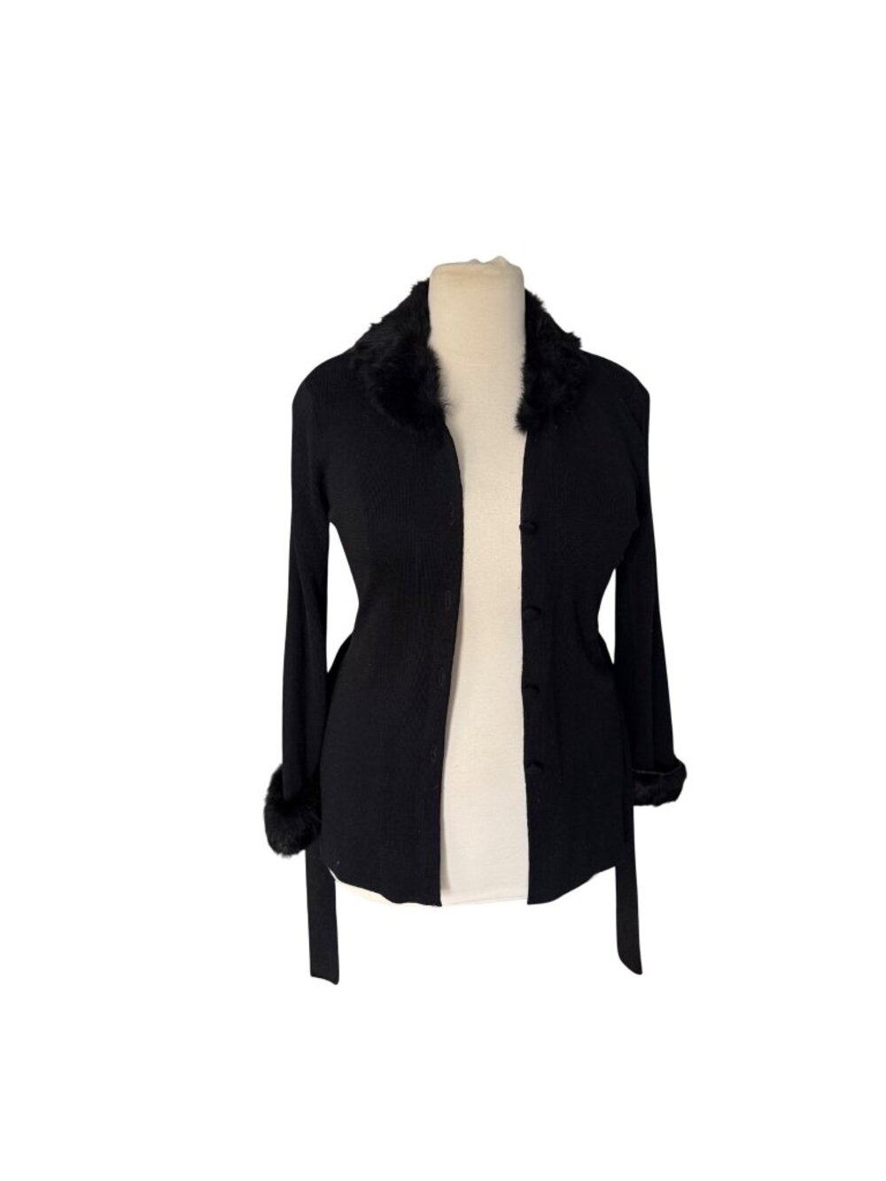 Vintage Adrianna Papell M Black Wool Fur Collar Belted Cardigan Button Front